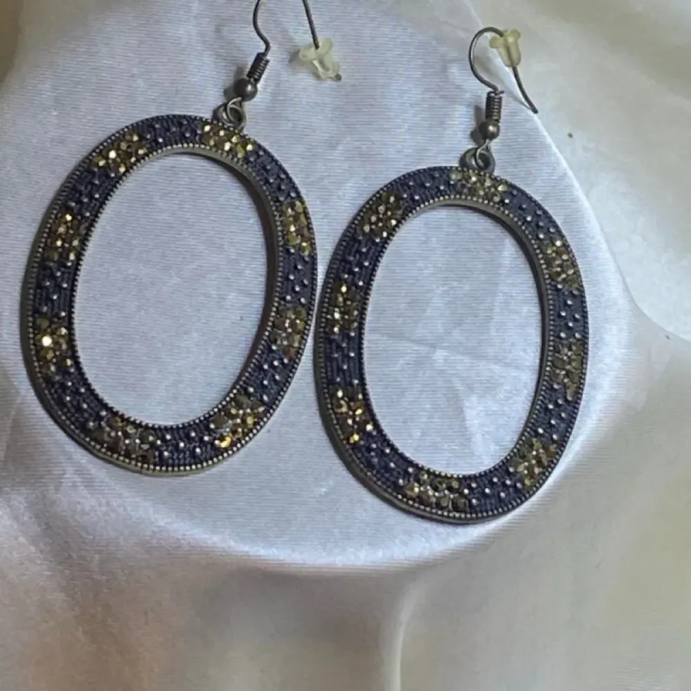 Vintage Antiqued Brass Tone Oval Dangle Earrings Golden Rhinestone Crystal Drops
